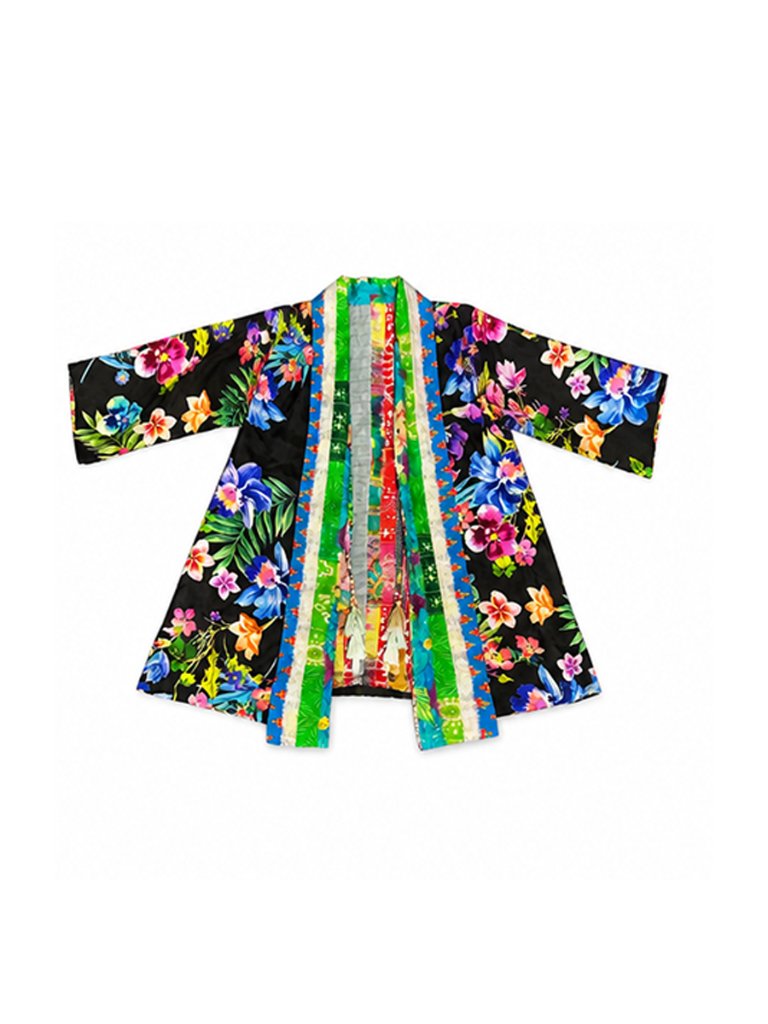 Johnny Was Reversible Floral Kimono Boho Patchwork Tassel Open Front